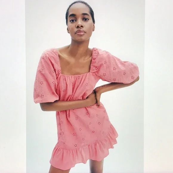 Zara openwork embroidered mini dress in pink